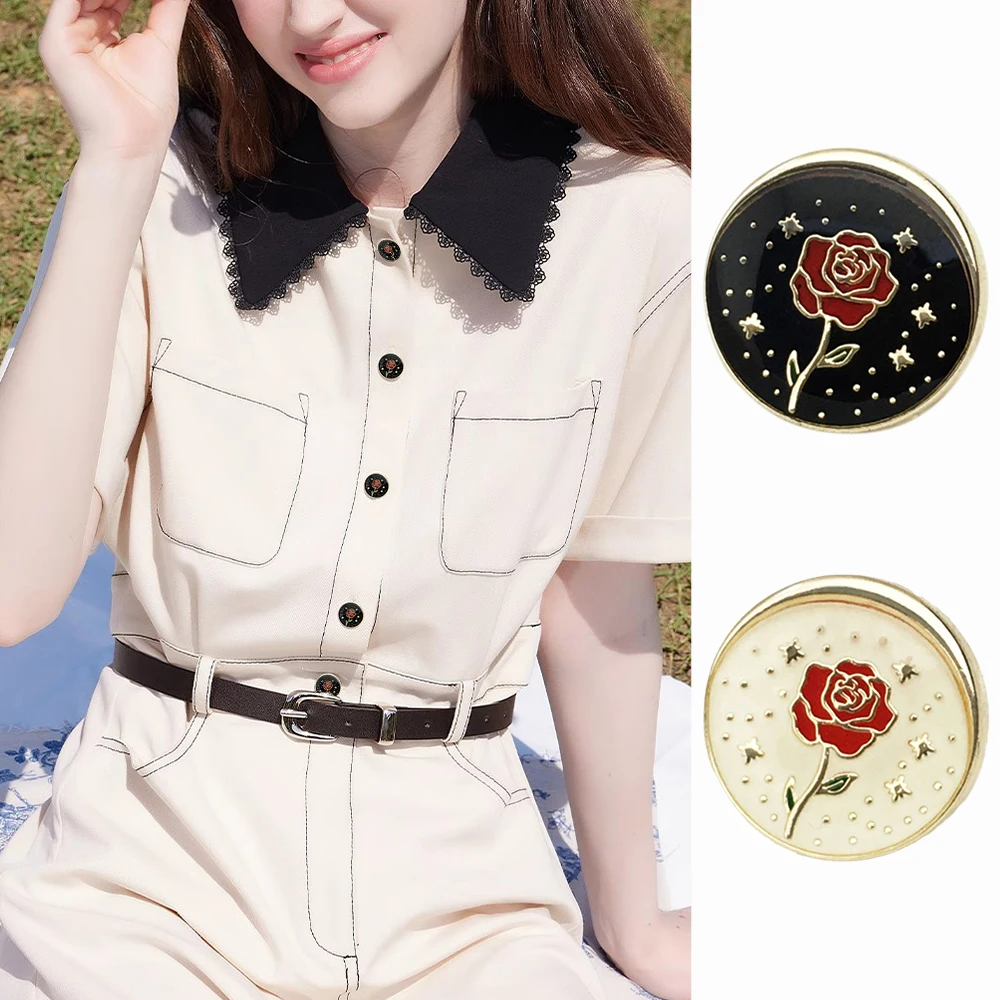 10pcs 1.75/2.25cm Star Rose Metal Buttons, Elegant Sewing Buttons, Black Beige Round Clothing Buttons for Coats Dresses Blazers