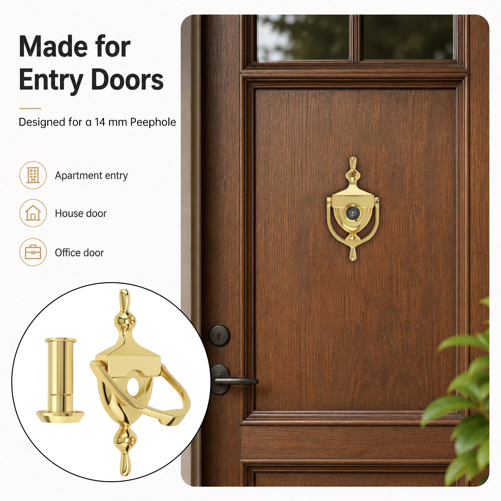 Zinc Alloy Door Knocker with 14mm Solid Brass Door Viewer Rotating Privacy Cover Security Peek Peep Hole Door Handle Doorknocker