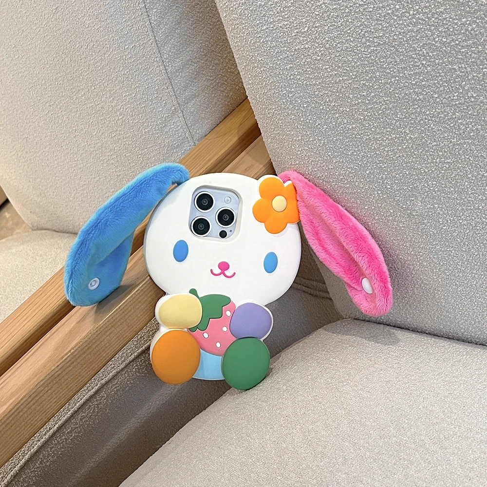 Japan Ins Rainbow Bunny Rabbit Weiche Silikonhülle für iPhone 16 15 14 13 12 Pro Max 3D Cartoon stoßfeste Abdeckung mit Riemenohr – Detail 5