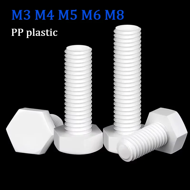 10/20/25/50pcs M3 M4 M5 M6 M8 PP Hex Head Bolt Screw White Polypropylene Plastic Acid Alkali Resistant Insulation Fastener
