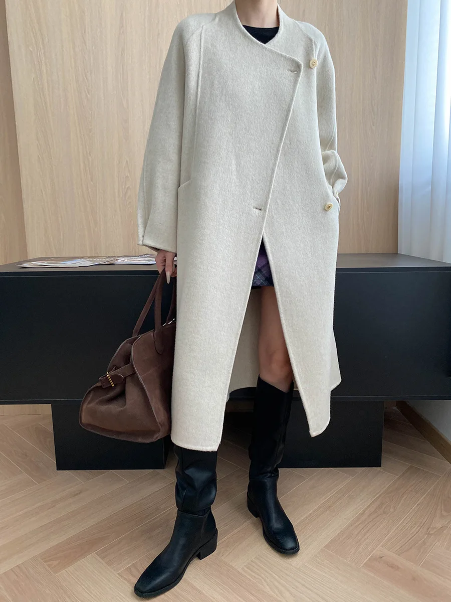 

Winter women's casual solid color slanted placket with two button design, wool double-sided woolen coat jacket