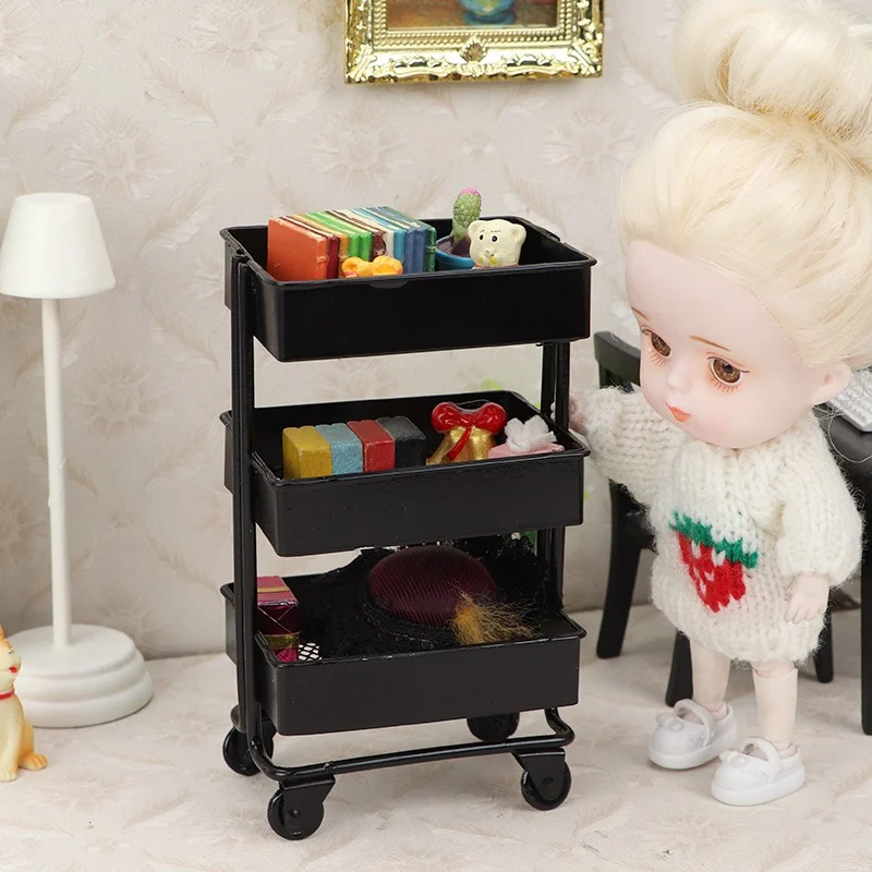 Mini Trolley Floor Storage Rack with Dollhouse Miniature Furniture Shelf Bookshelf Storage Display Rack Decorate