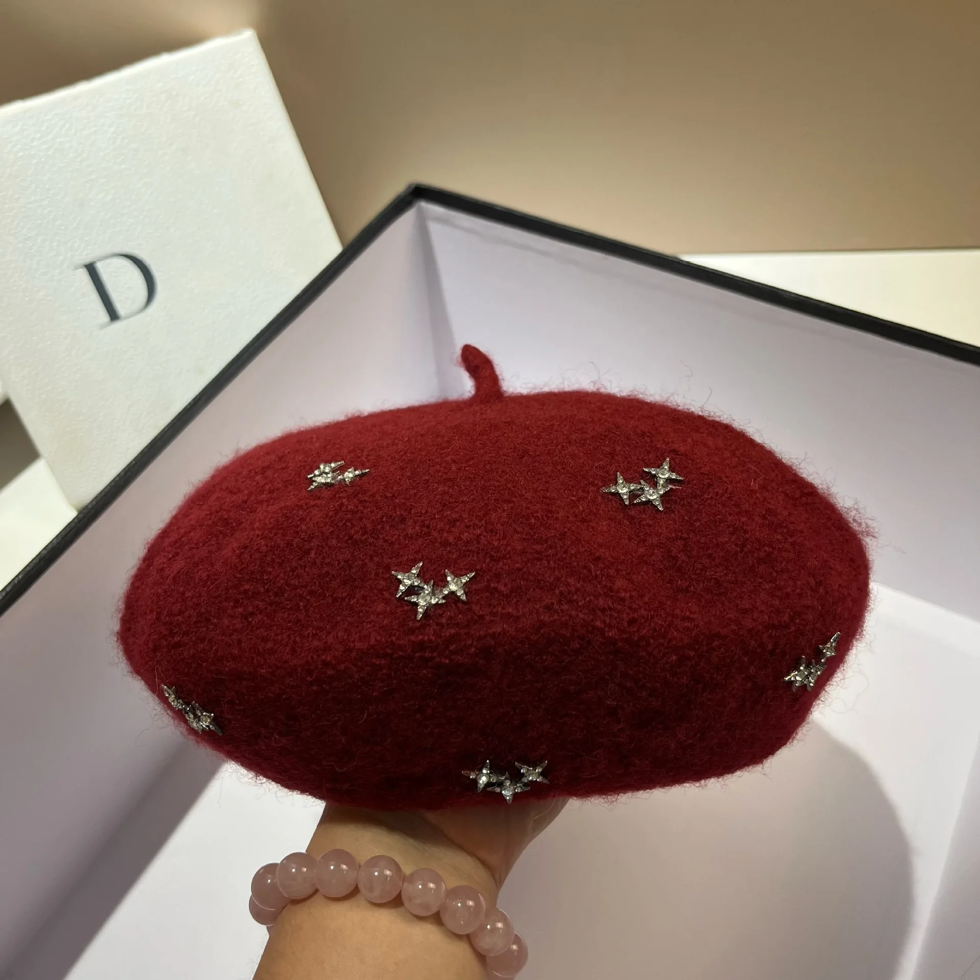 Luxury Rhinestone Stars Women\'s Wool Beret Winter Warm Beanie Hat Fashion Girl\'s French Painter Hats Vintage Female Berets Caps