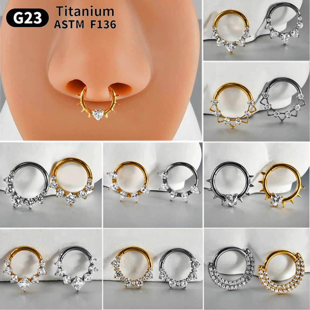 1 pieza de picos de corazón con bisagras para tabique Clicker, anillo para la nariz, titanio sólido tallado Cz, aro para cartílago, gota de agua, pendiente para Piercing Daith Helix