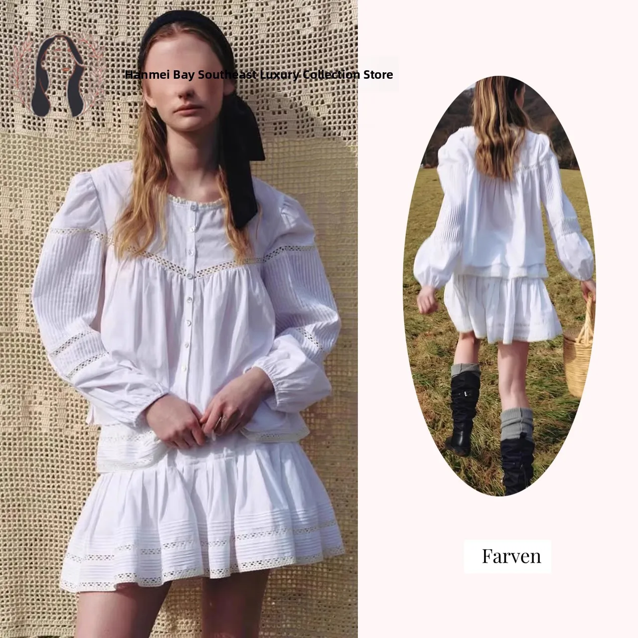 

Женская юбка FARVEN Sweet Sle irt с кружевным воротником и пузырьковыми краями, комплект юбки с высокой талией Ele, нежный цветочный принт