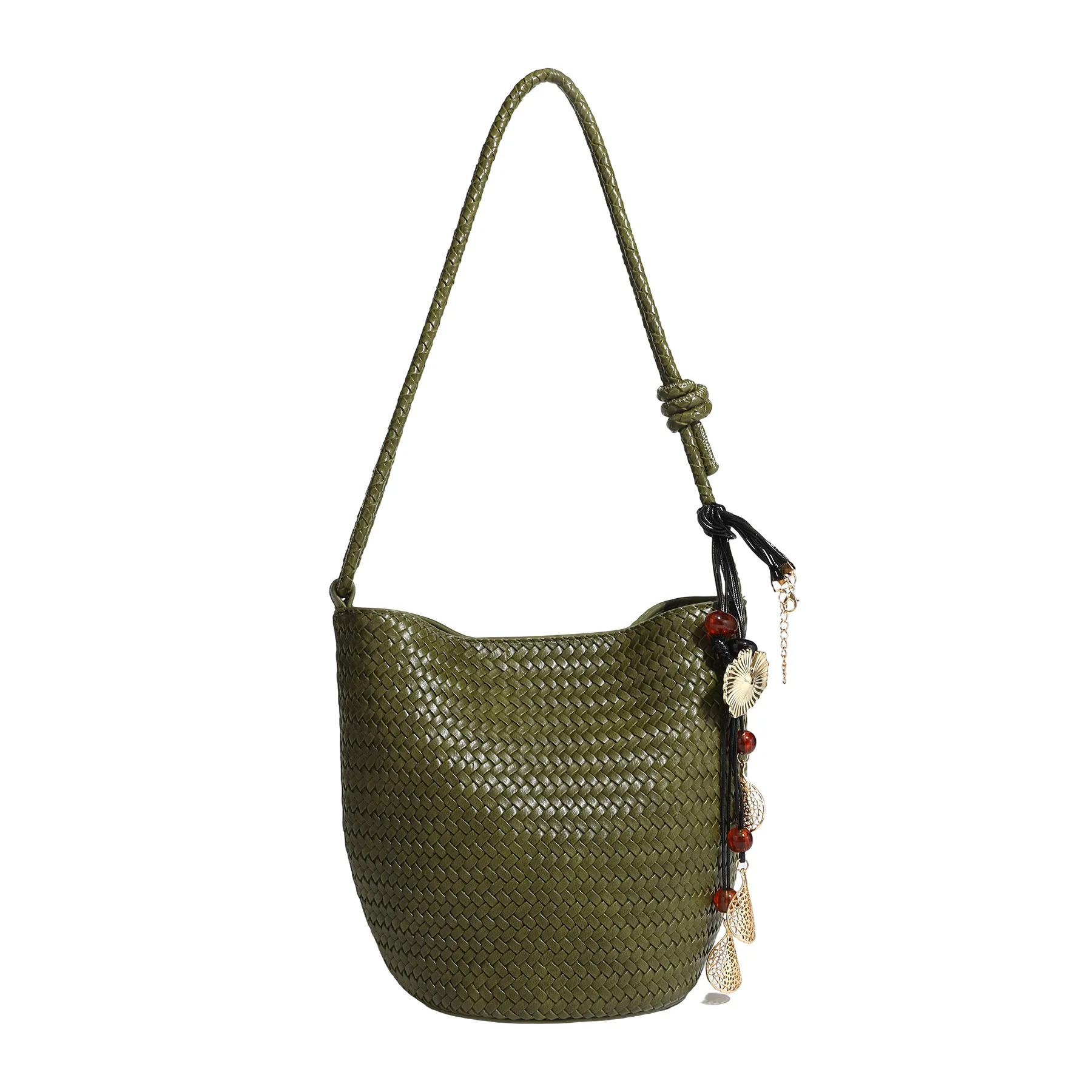 Fashion Vacation‑themed Woven Bucket Purse for Women, Textured Weave Surface, Decorative Tassel Charm, Removable Long Strap Large‑capacity Daily Women Bag