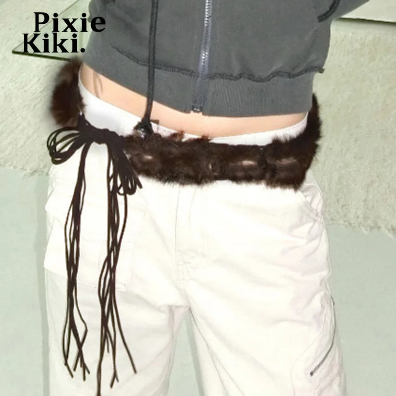 PixieKiki Brown Fluffy Faux Fur Splicing PU Leather Belts for Women Vintage Lace Up Belt Y2K Accessories P67-BC20