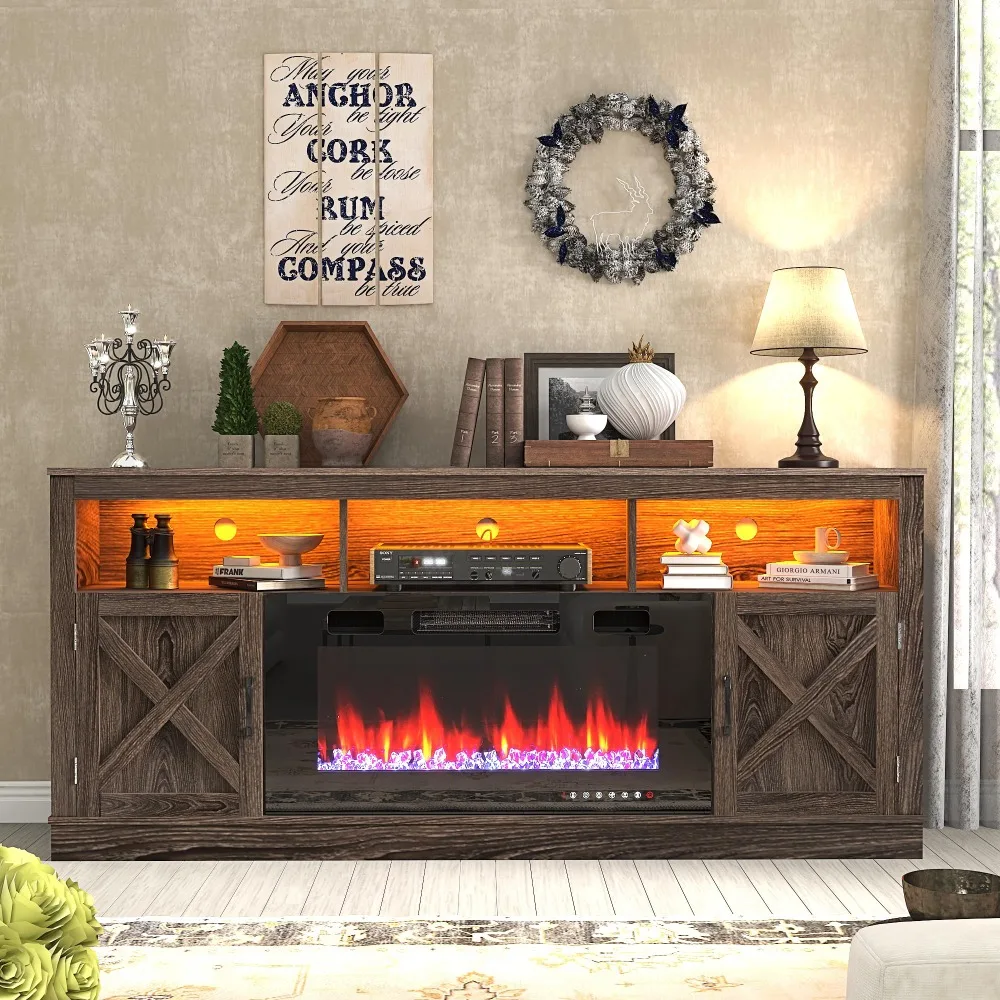 Farmhouse Fireplace TV Stand for 70/75/80 Inch TV, 32”Tall Entertainment Center w/ 36”Electric Fireplace & LED Light