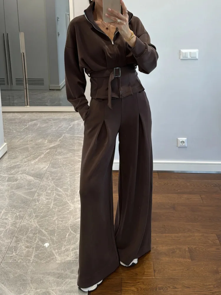 

VTKW 2026 New Arrival Zipper Front Stand Collar Belted Waist Blazer Wide Leg Pants Set Women Tailored Relaxed Fit Modern Chic