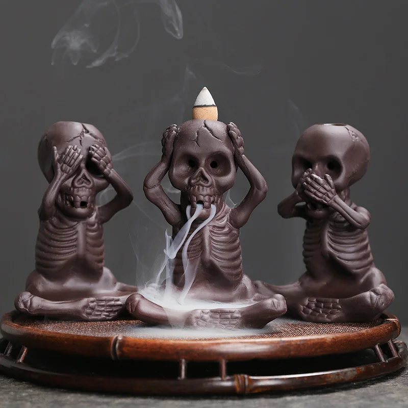 Halloween Funny Skull Ecoflow Backflow Incense Burner Witchcraft Punk Home Decorations Handmade Purple Clay Incense Holder Gift