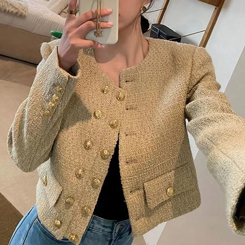 

Lucyever Vintage Women's Tweed Jackets Elegant Chic Double-Breasted with Pocket Jacket Ladies Korean Fashion O-Neck Short Coat