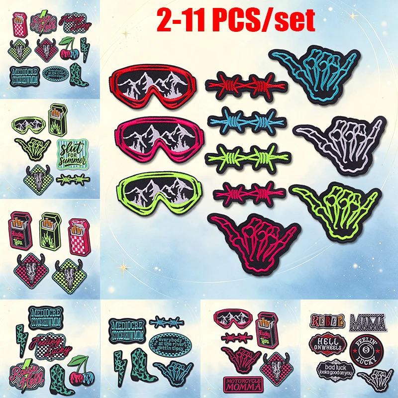 2-11PCS Western Cowboy MAMA Series Embroidery Patches Cartoon Letter Iron On Patches For Clothing Glasses Skeleton Gesture Patch