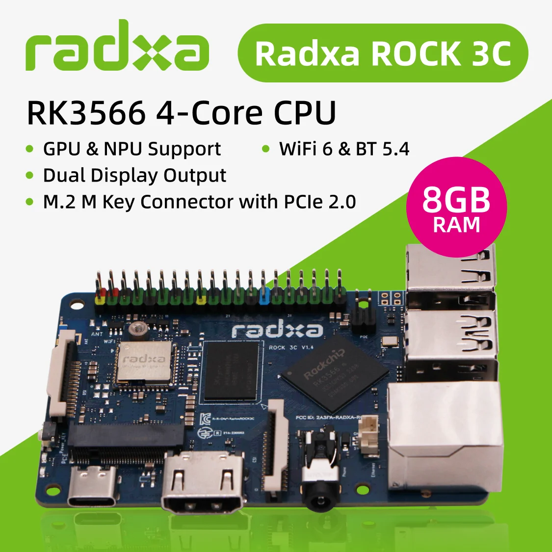 Radxa ROCK 3C RK3566 4-core CPU SBC, GPU, NPU en HDMI met 1080P@60 output, single board computer