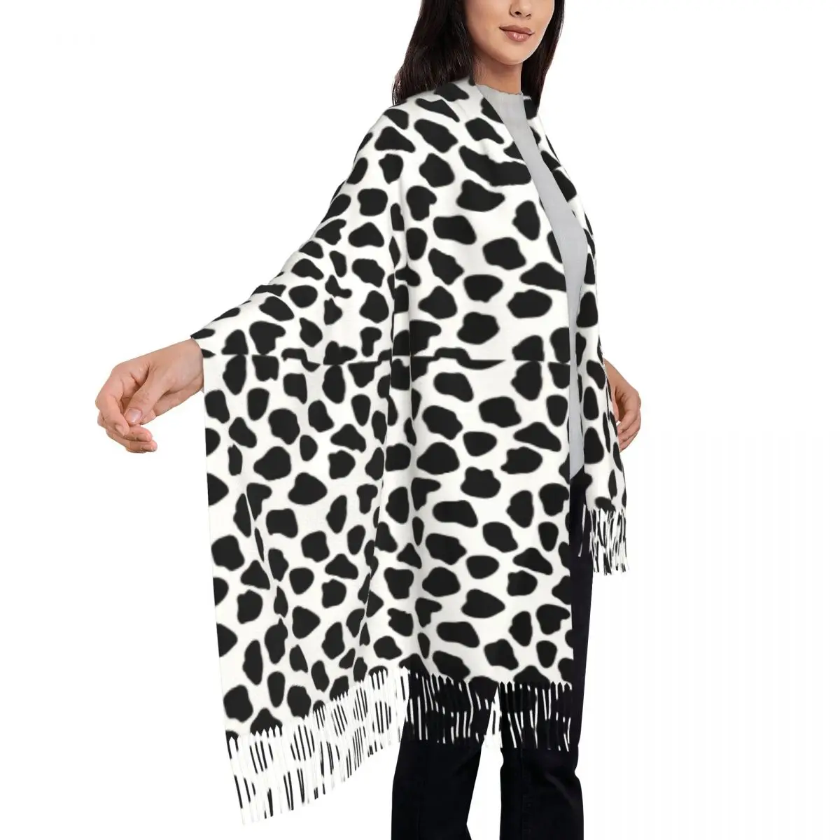 Dalmatian Print Scarf with Long Tassel Funny Animal Warm Soft Shawl Wrap Men Women Custom Large Scarves Winter Casual Bandana