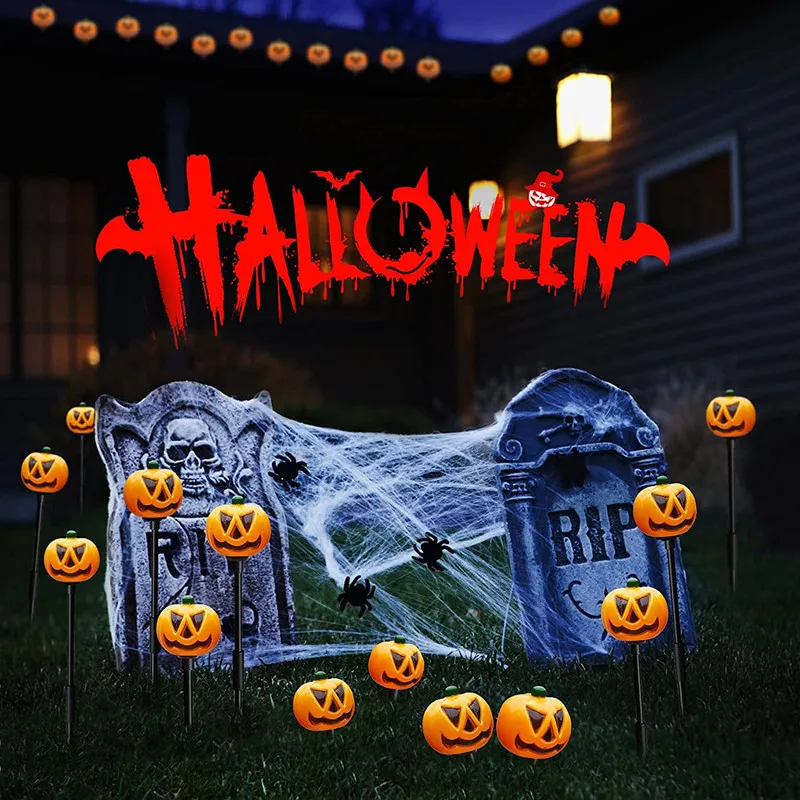 ハロウィーンのカボチャヤスチーク、ソーラーライト3Dプープキン、1セットのステークス用5ライト、パティオヤードを発見