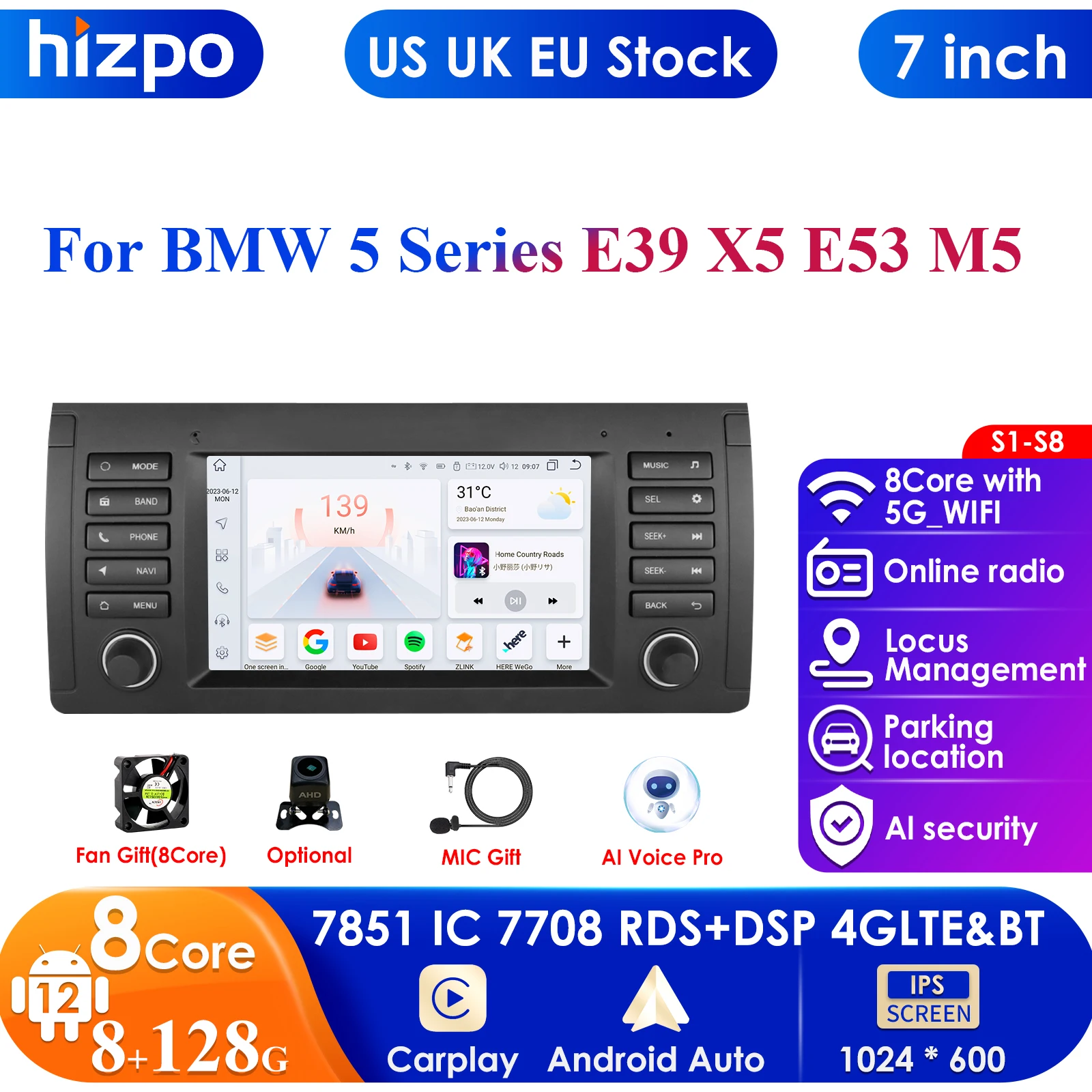 7inch 2 din Android 13 Car Multimedia Player For BMW X5 11 E53 E39 M5 1996-2003 Stereo GPS Navigation Audio Carplay 4G AutoRadio