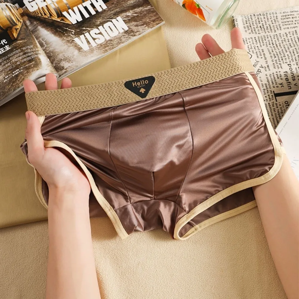 

3Pcs Fashion Thin Satin Silk Boxer Briefs Mid Waist Underpants Ice Silk Boxers Seamless Solid Color Underwear for Men Daily