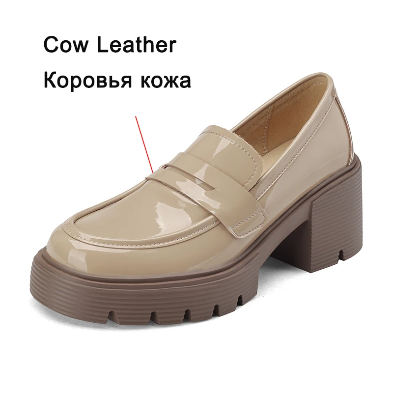 Taoffen Women Penny Loafers Genuine Leather Mid Block Heels Office Ladies Shoes JK School Casual Slip On Classic Platform Lofers