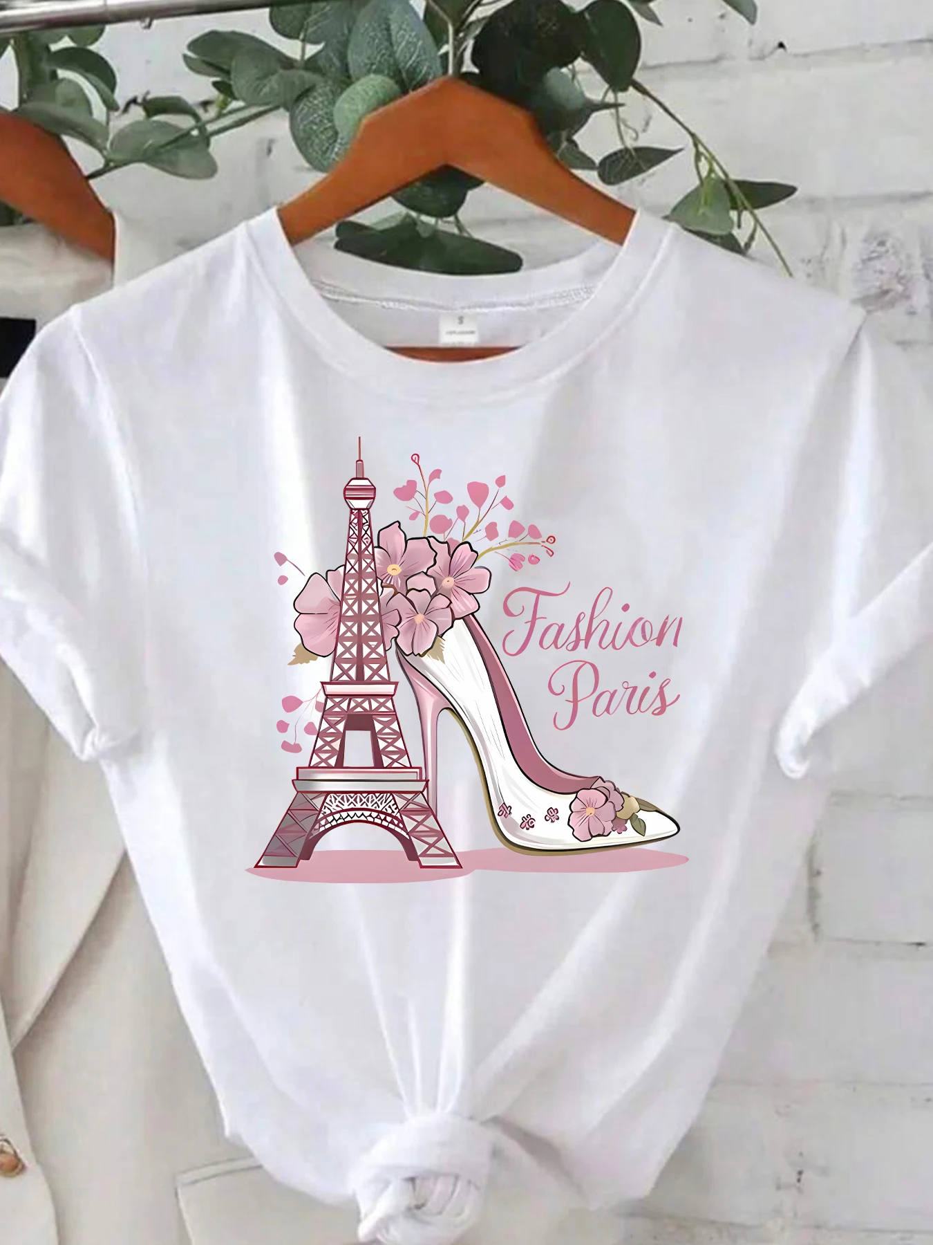 

Туфли на высоком каблуке с рисунком башни, круглый вырез, женская футболка больших размеров, с коротким рукавом, трендовая эластичная футболка с короткими рукавами и принтом