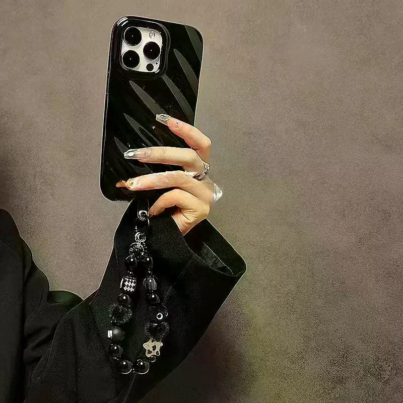 Luxury Black Fluffy Cat Mobile Phone Strap With Beaded Handle Chain Wrist Anti-Theft Clip Bag Accessory