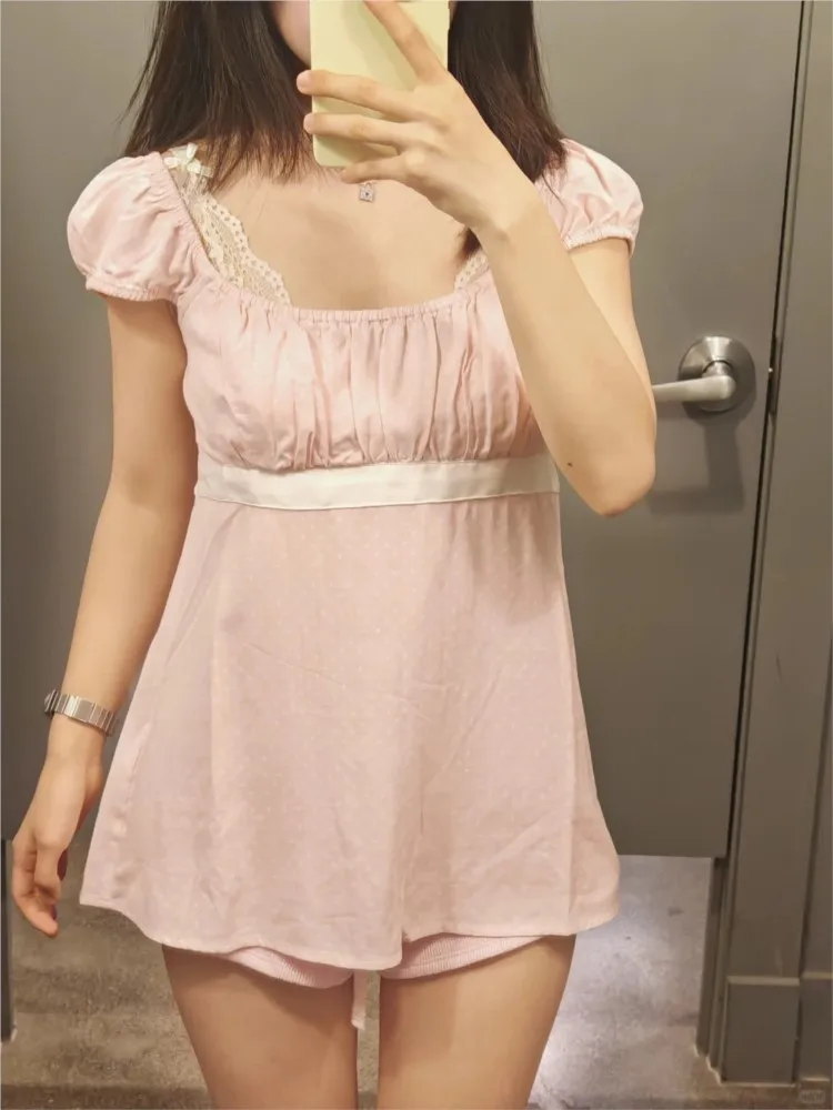

Pink Polka Dot Babydoll Top Women Summer New Casual Slim Lace-up Square Collar Tee Tops Sweet Vintage Preppy Style T-shirts Y2K