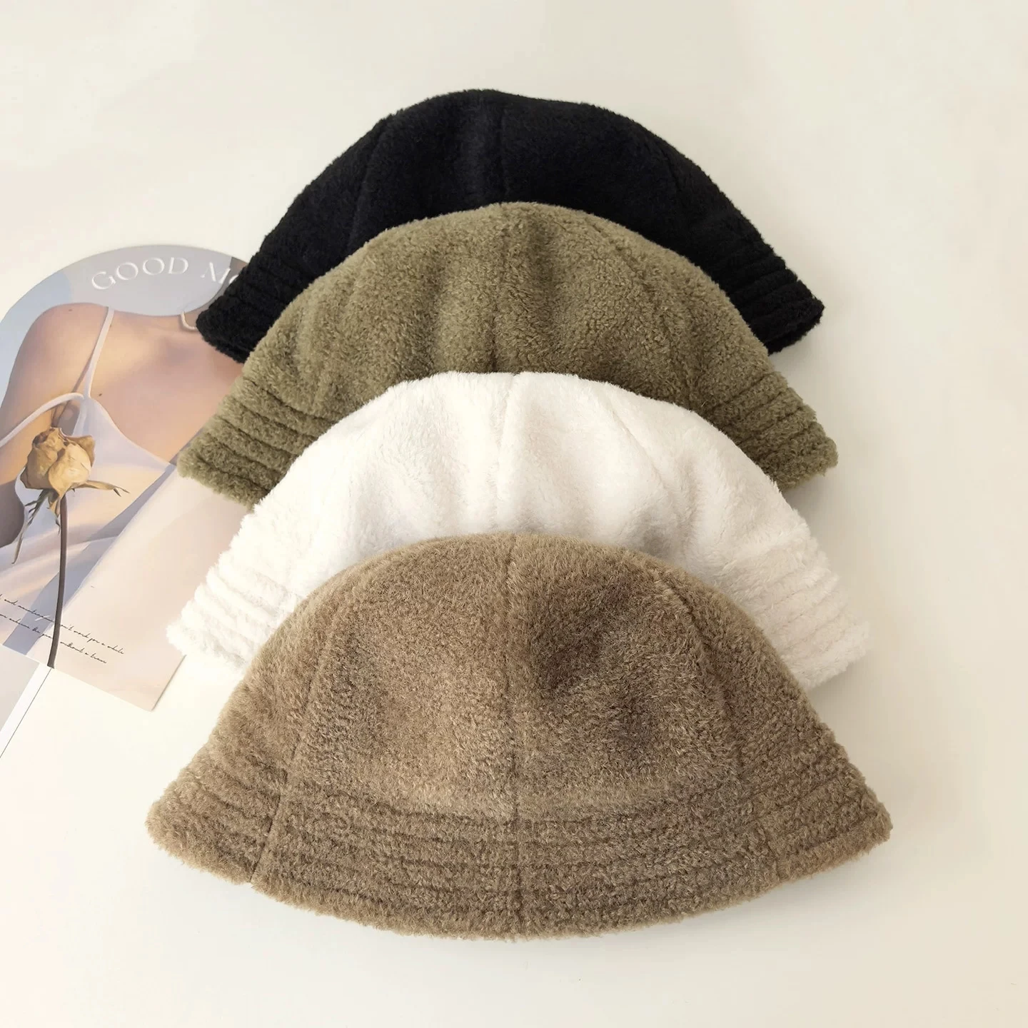 French Style White Hepburn Inspired Bucket Hat Women Winter Faux Lamb Wool Elegant Bucket Hat Photo Friendly Basin Cap Unisex
