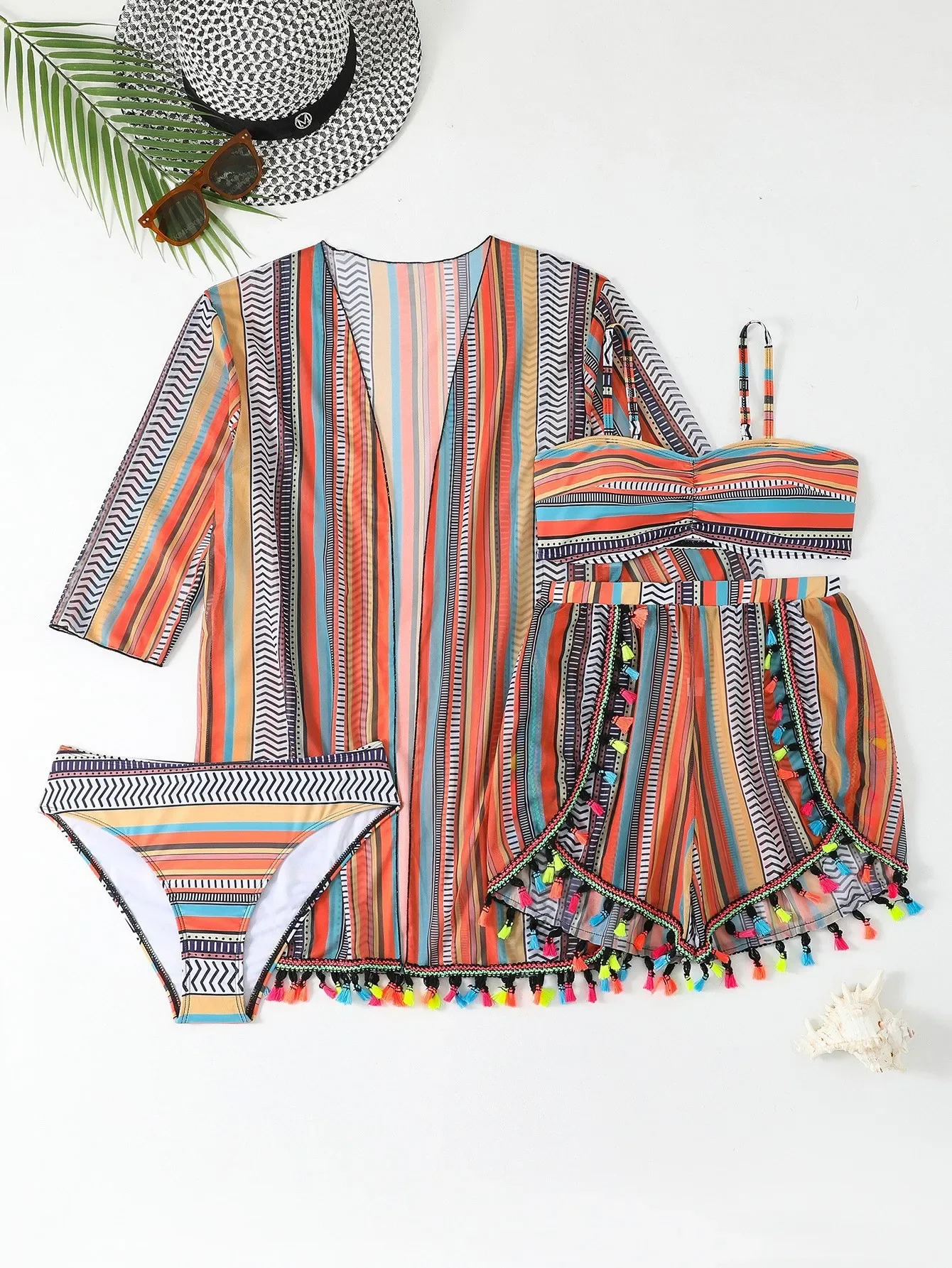 

4 Pieces High Waisted Bikini Shorts 2025 Women With Kimono Beach Wear Striped Print Swimsuit Sexy Swimwear Female Bathing Suits