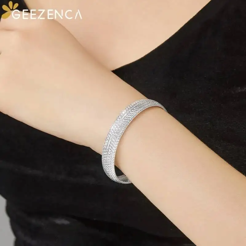 

GEEZENCA, серебряный браслет 925 пробы с полосками шириной 10 мм, блестящий, женский, роскошный, изящный, наручный браслет, подарок на вечеринку, подарок для нее