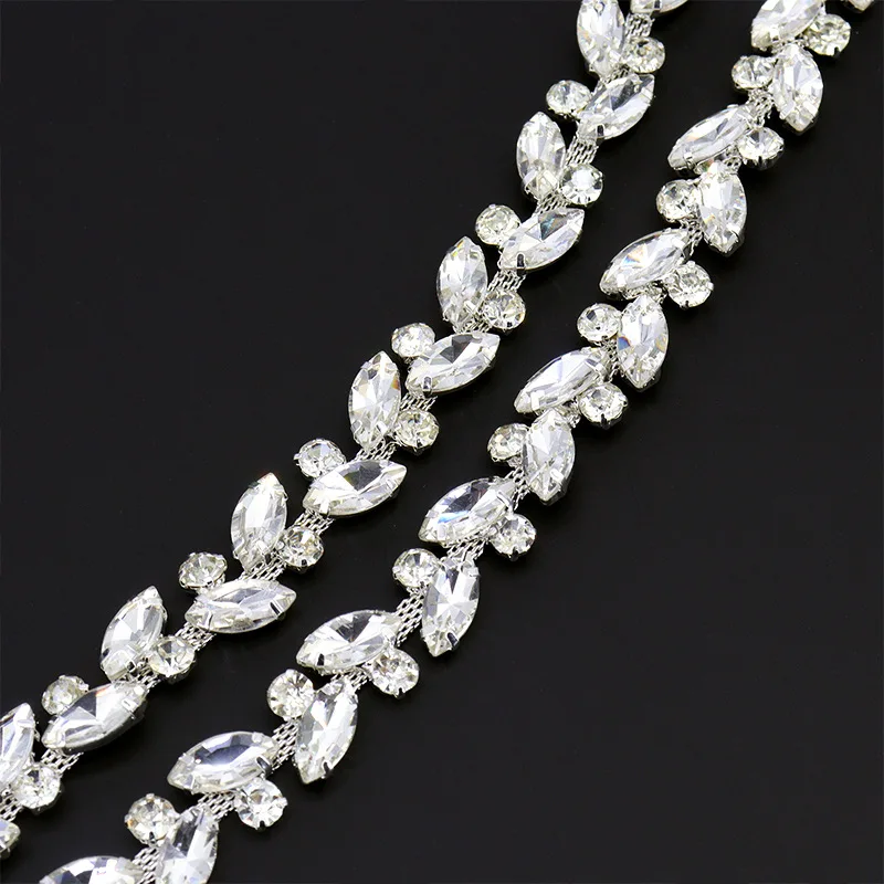 Fashion Leaf Ribbon Trim Rhinestone Metal Chain Shiny Crystal Chain Silver Plated Sewing Applique Decorative Wedding Accessory