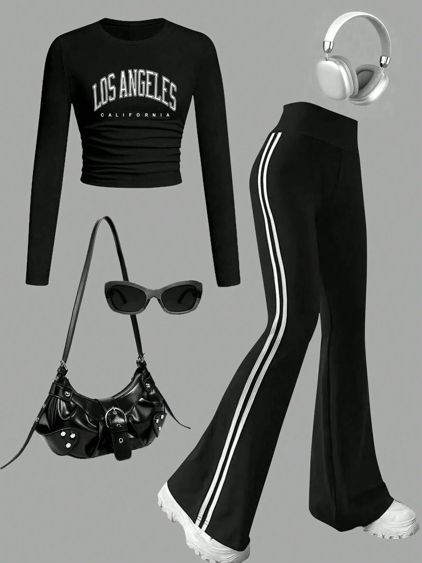 

Girls 2 Piece Los Angeles Print Crop Top & Side Striped Flare Pants Set Y2K Streetwear Sporty Tracksuit