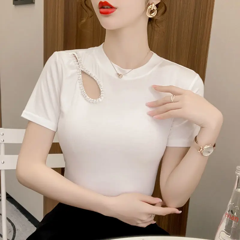 Elegant O-Neck Asymmetrical Diamonds Blouse Women\'s Clothing 2023 Summer New Casual Pullovers All-match Office Lady Shirt