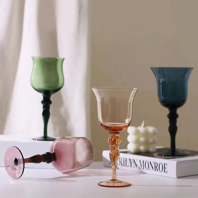 Vintage Medieval Goblet Wine Glass Green Cobalt Blue Amber Roman Column Design Champagne Cup for Home French Style Wedding
