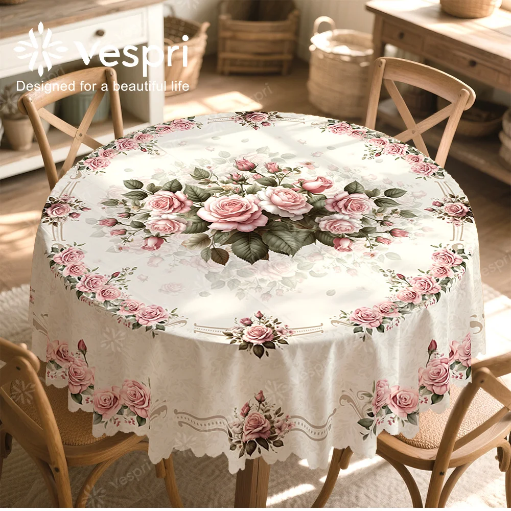Vespri Spring, romantic floral tablecloth, white and pink decorations, flowers and green leaves
