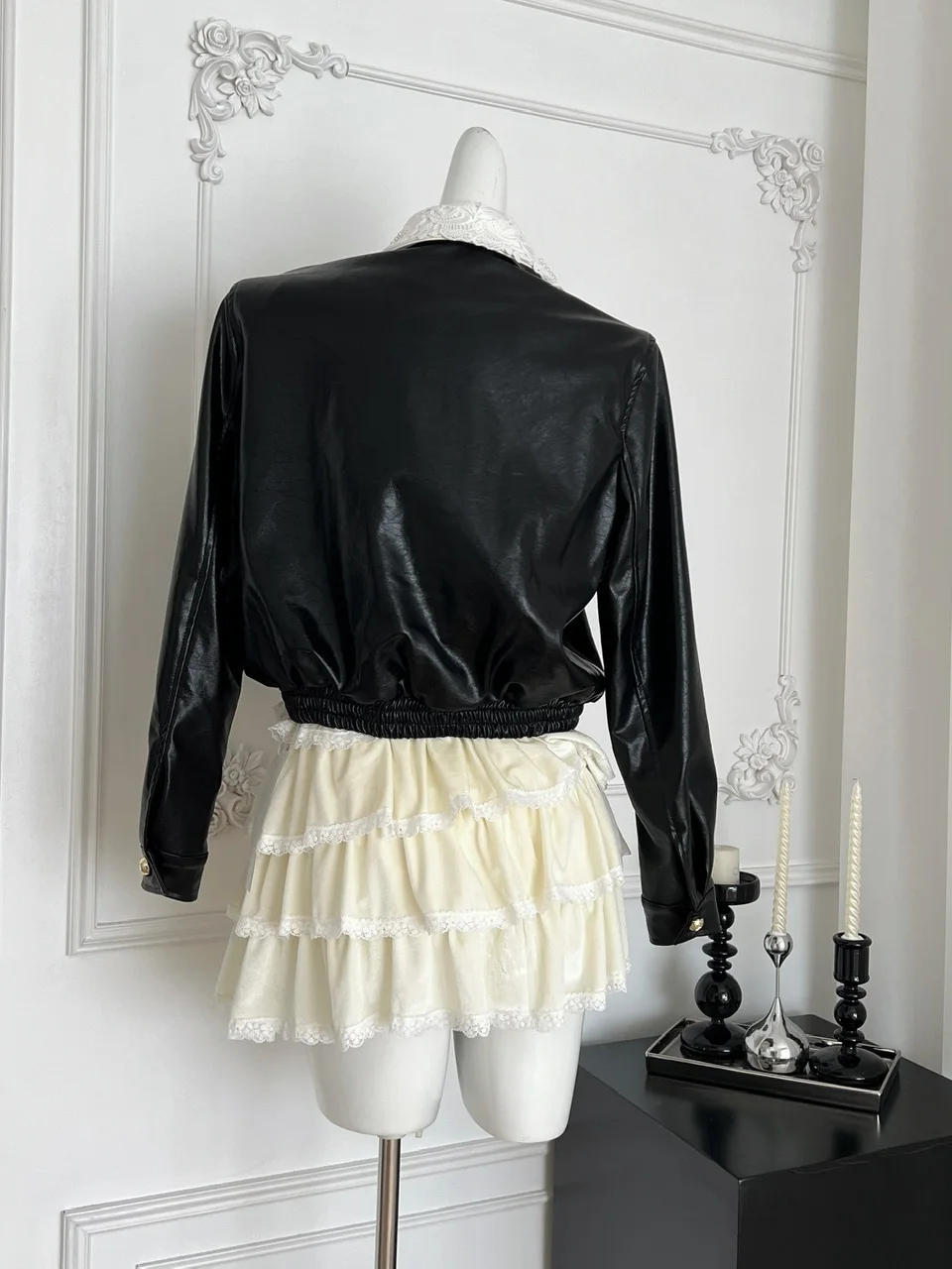 Conjunto de dos piezas de falda y falda de cuero con cuello de encaje de cintura alta, traje de mujer Faionable de longitud dulce Sle ort