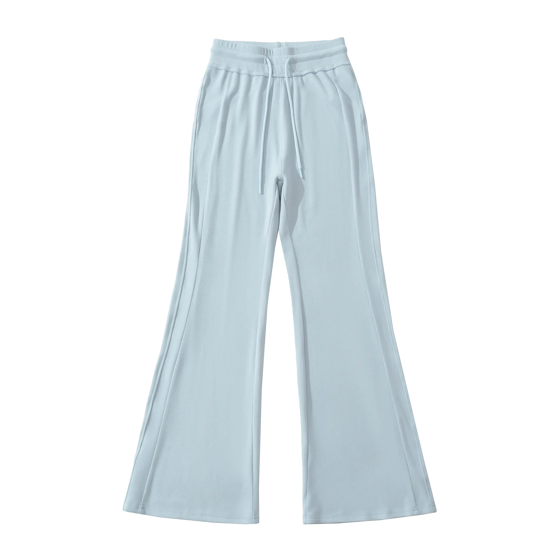 Soft Light Blue Pants For Women High Waist With Drawstring Waistband Casual Daily Wear Solid Color Simple Smooth Long Pants 0KRX