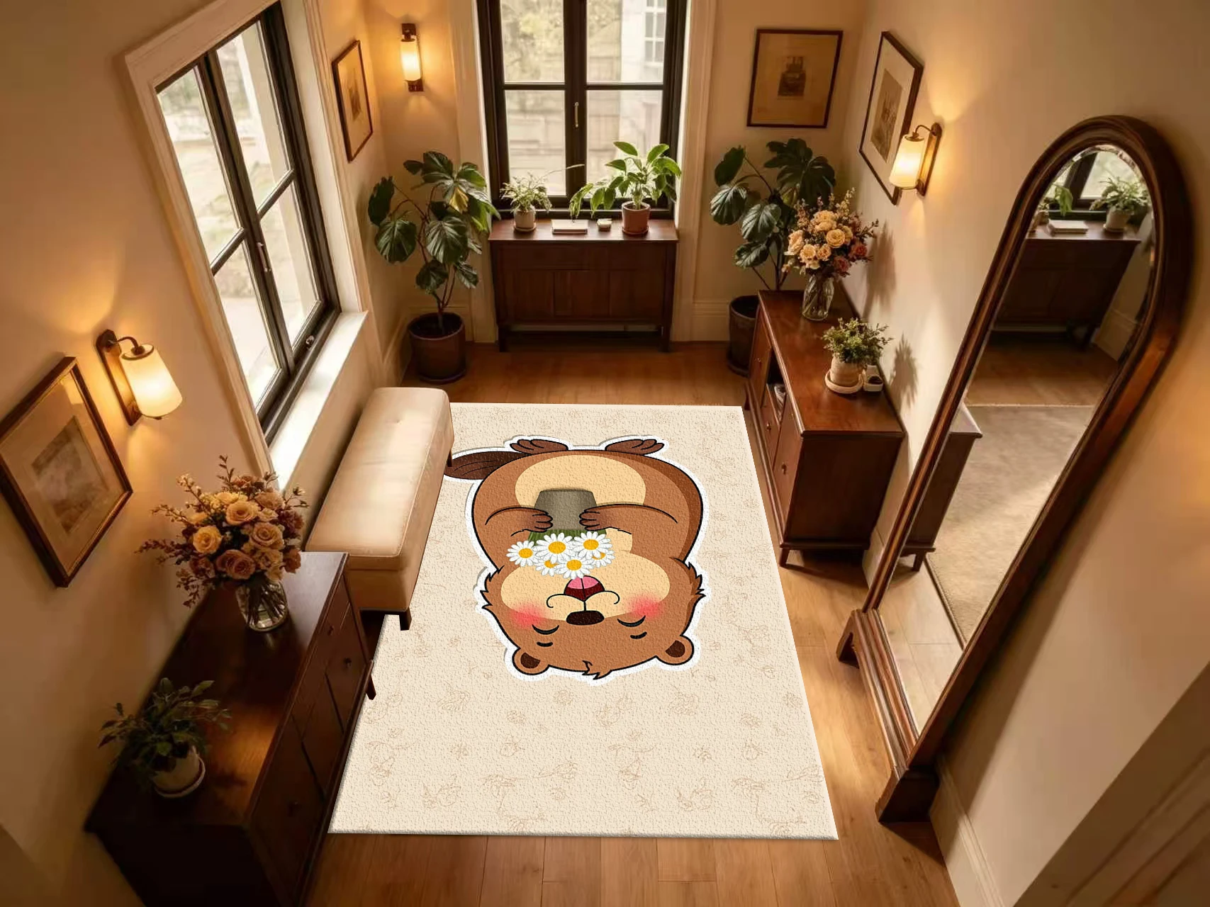 Cute Cartoon Beaver Holding Daisy Flowers Carpet Flooring Lovely Animal Printed Area Rug for Household Interior Home Decor