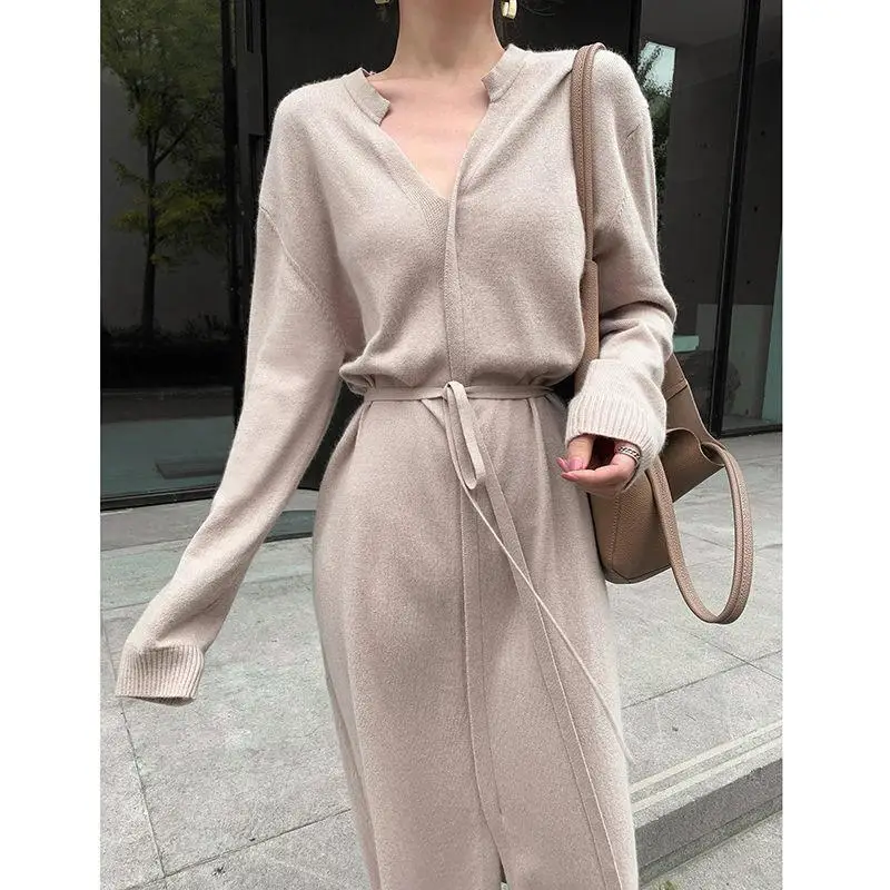 2024 Spring Autumn Fashion Simple Elegant Chic Lace Up V Neck Knitted Dresses for Women Casual Solid Long Sleeve Midi Dress Robe