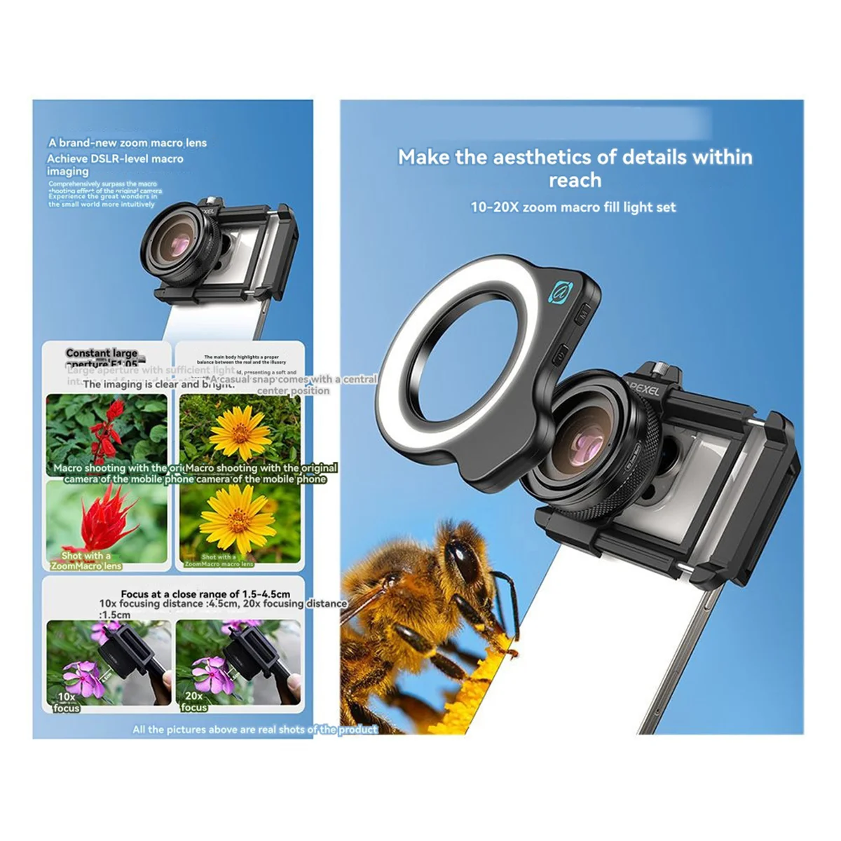 APEXEL 10-20X Zoom Macro Lens HD Micro-Type Phone Camera Lenses with LED Fill Light for Smartphones Eyelash Macro