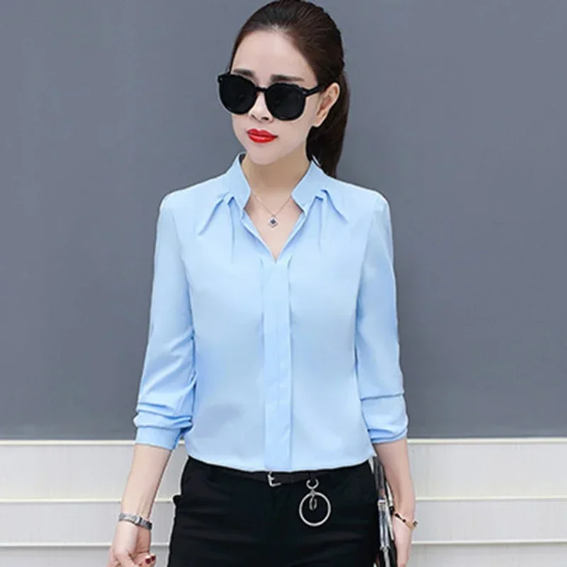 

Женская рубашка, шифоновая одежда, однотонные топы с длинными рукавами, осень-зима, офисная женская блузка, облегающая повседневная рубашка больших размеров