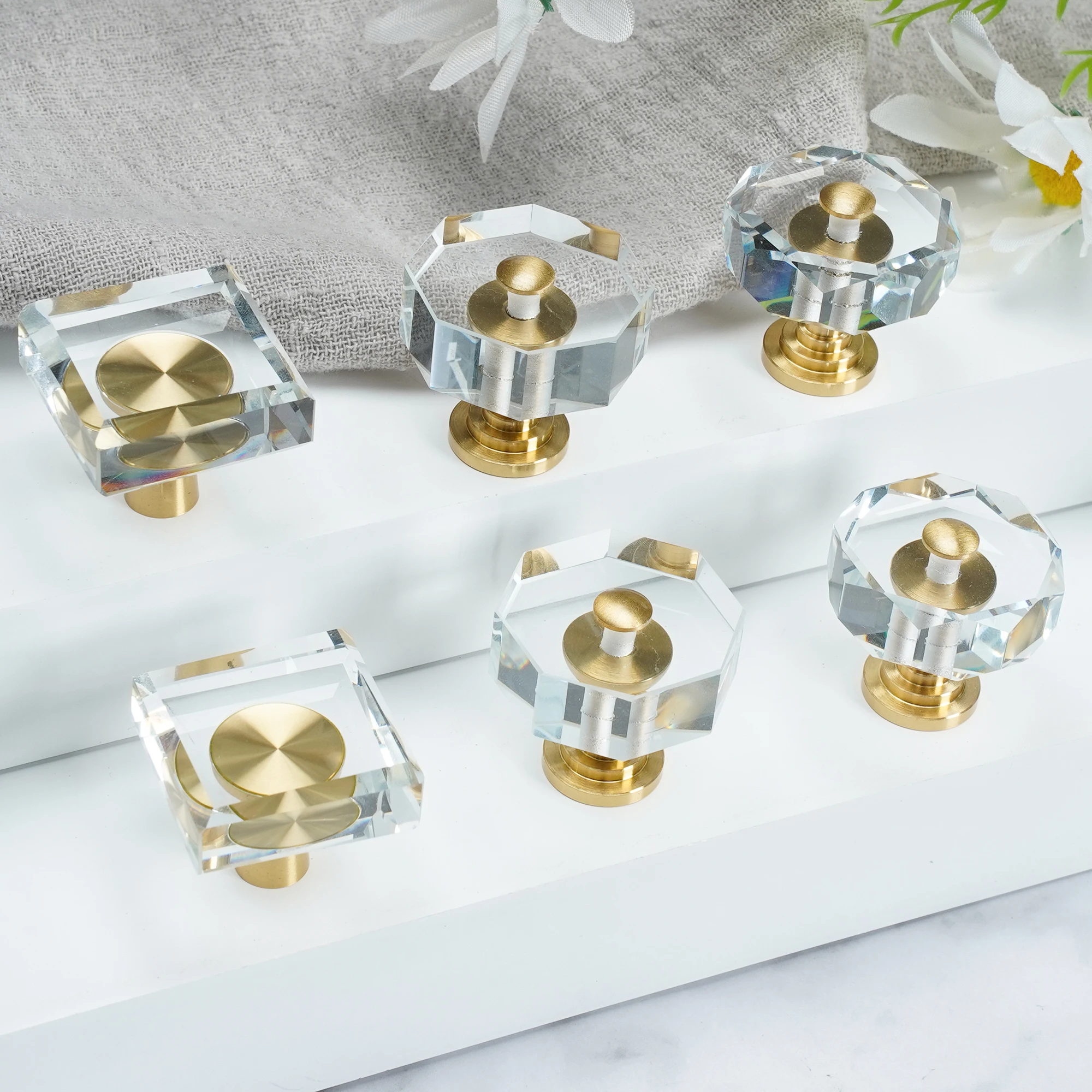Glass with Brass Cabinet Handles Square Drawer Door Knobs Kitchen Cupboard Wardrobe Pulls Modern Simple Furniture Hardware 4 PC