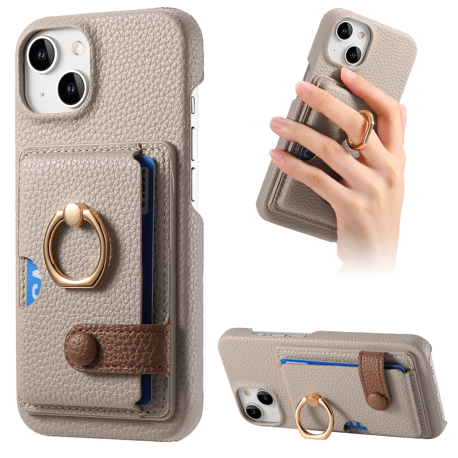 Leather Ring Support Phone Case for IPhone 17 Air 16E 18 16 15 14 13 12 11 Pro Max Plus Wallet with Card Holder Shockproof Cover
