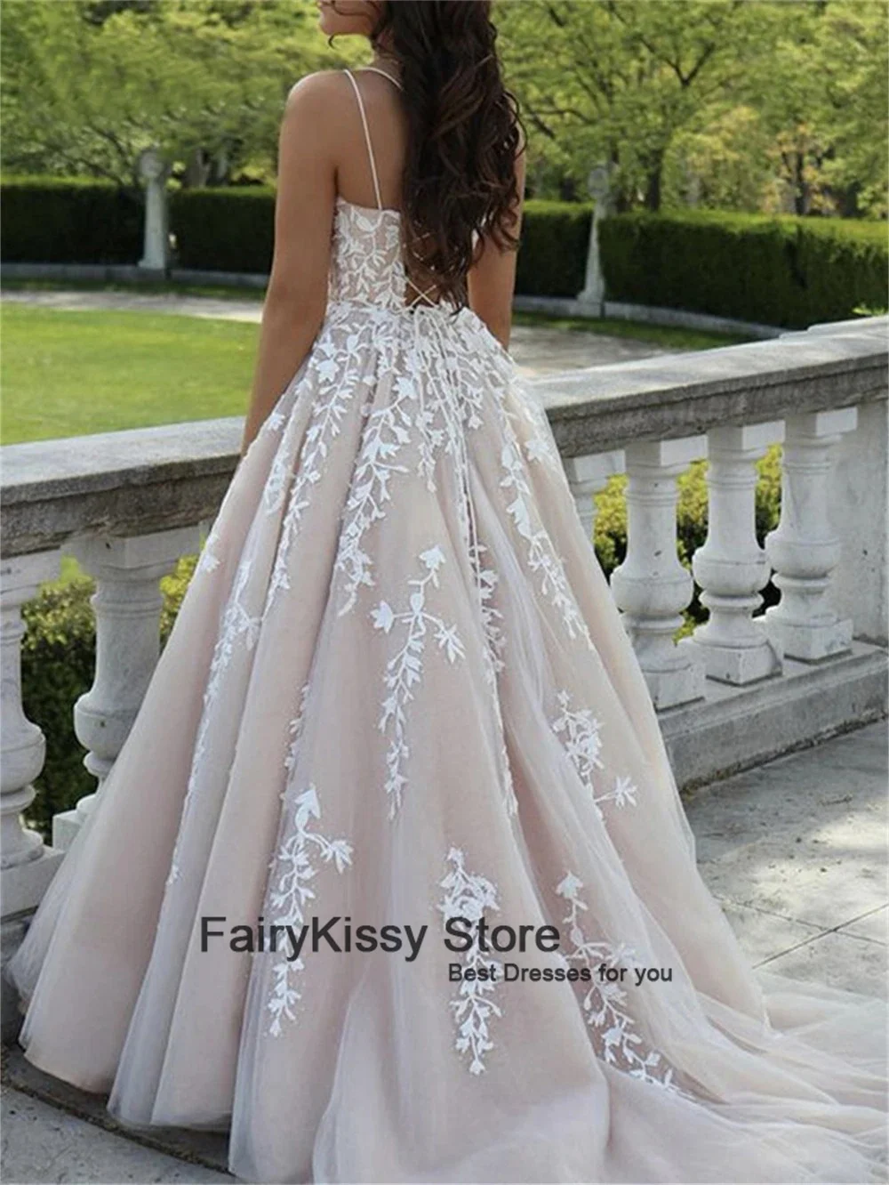 FairyKissy Champagne Lining Women Wedding Dresses Vintage Spaghetti Straps Appliques A Line Tulle Bridal Gown Custom Made
