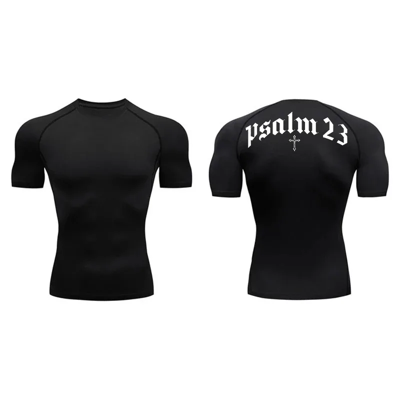 Psalm 23 Cross Print Compression Shirt for Men Sporty Quick Dry Tees Tshirt Tops Gym Workout Fitness Undershirts Baselayers