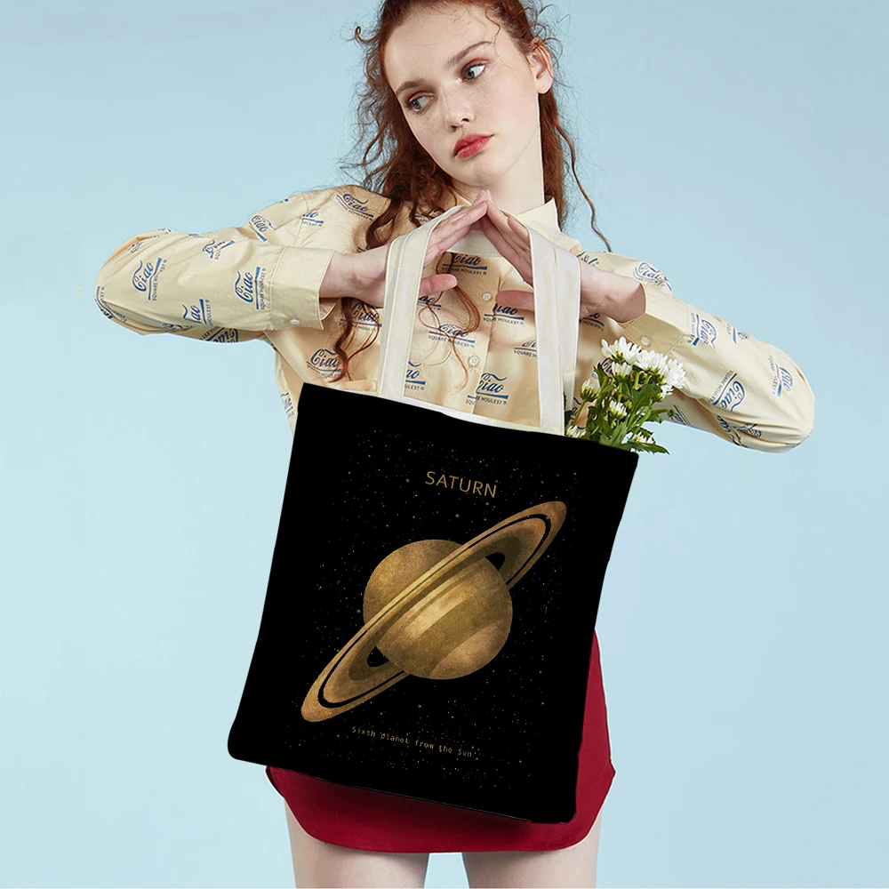 Canvas Astronaut Skateboard Rocket Moon Space Cartoon Lady Tote Handbag Women Shopping Bags Fashion Supermarket Shopper Bag