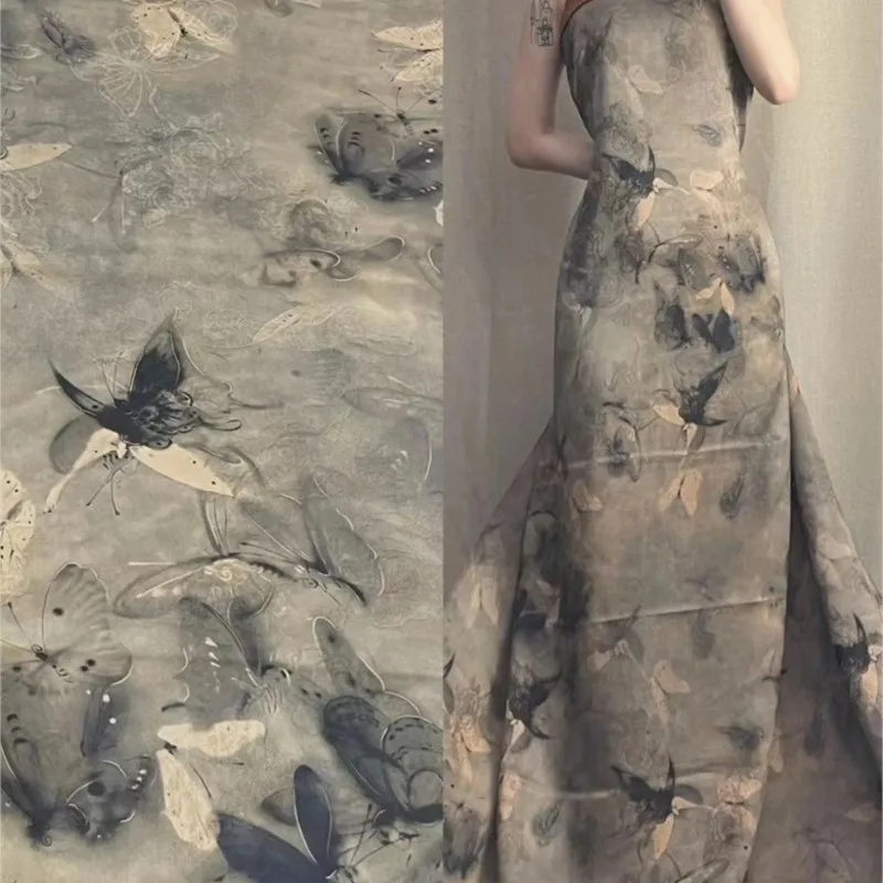 

New product High-end custom-made halter dress cheongsam silk fabric with ink-dyed black cloud-like gauze and perforated patterns