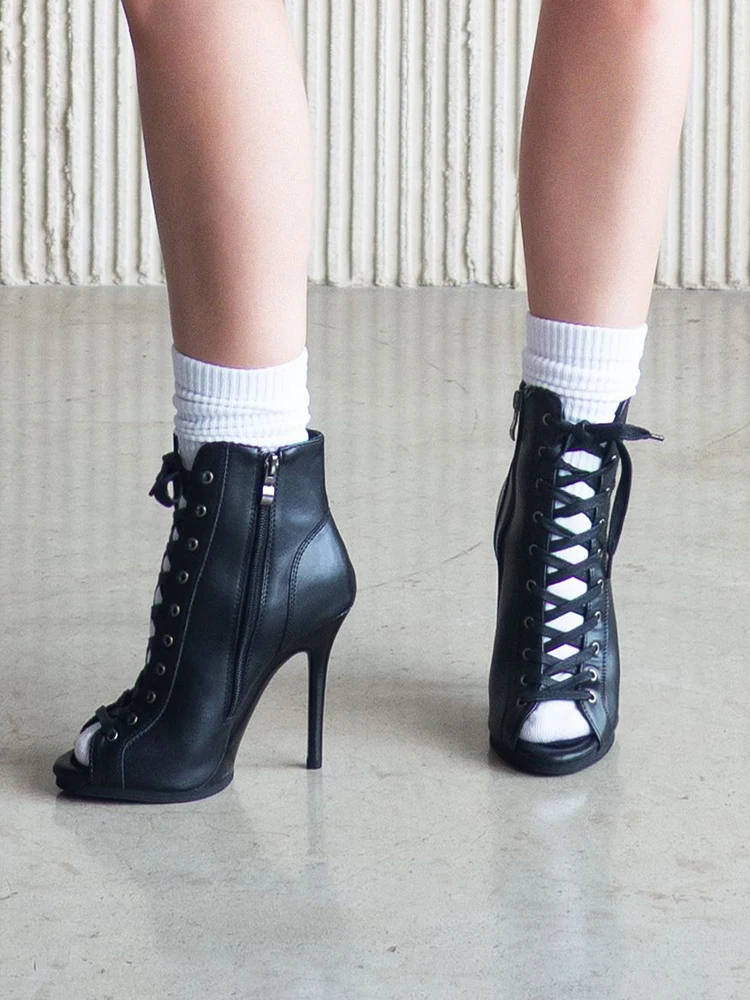 Platform Dance Heels Black Leather and Real Leather 11cm 9.5cm High Heel Dance Party Women Dancing Shoes