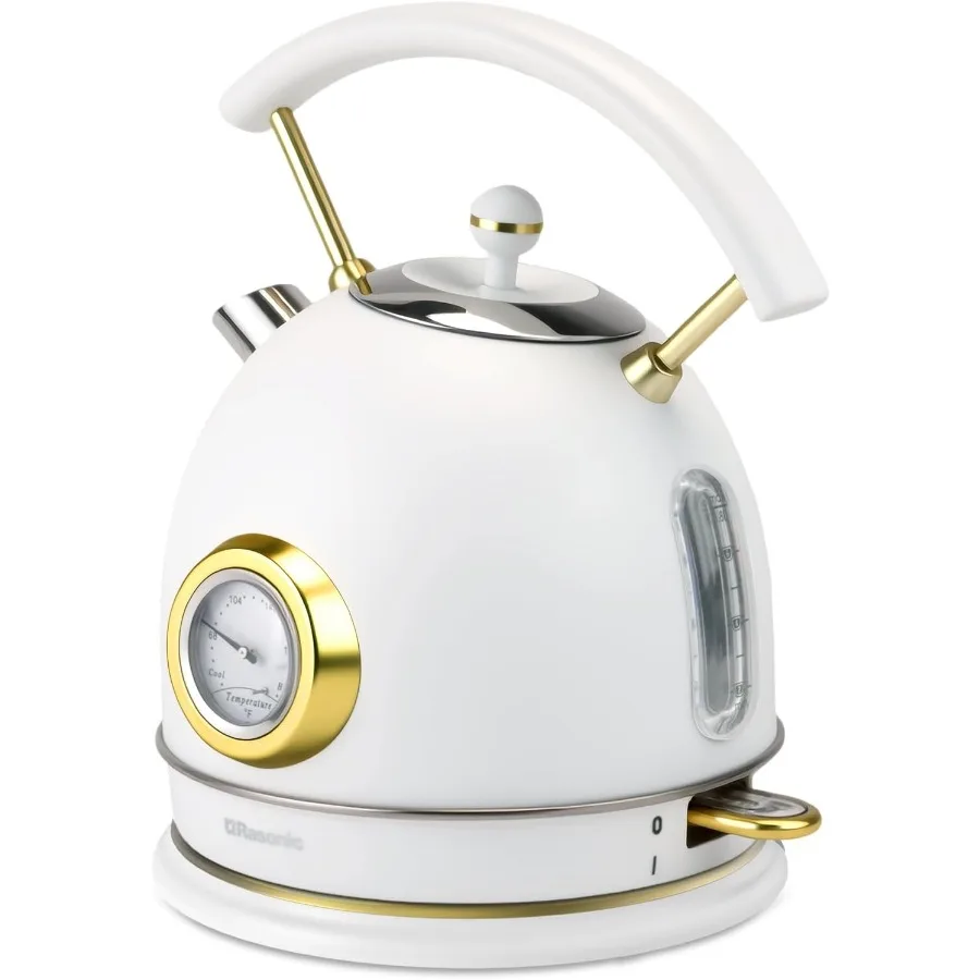 

Retro Electric Kettle Stainless Steel 1.8L White Champagne Gold Tea Water Boiler 1500W Fast Quiet Boil with Temperature Gauge A