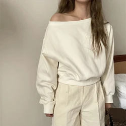 2024 Chic Irregular Off Shoulder Hoodies Women Korean Fashion Solid Color Crop Tops Woman Long Sleeve Streetwear Pullover Mujer