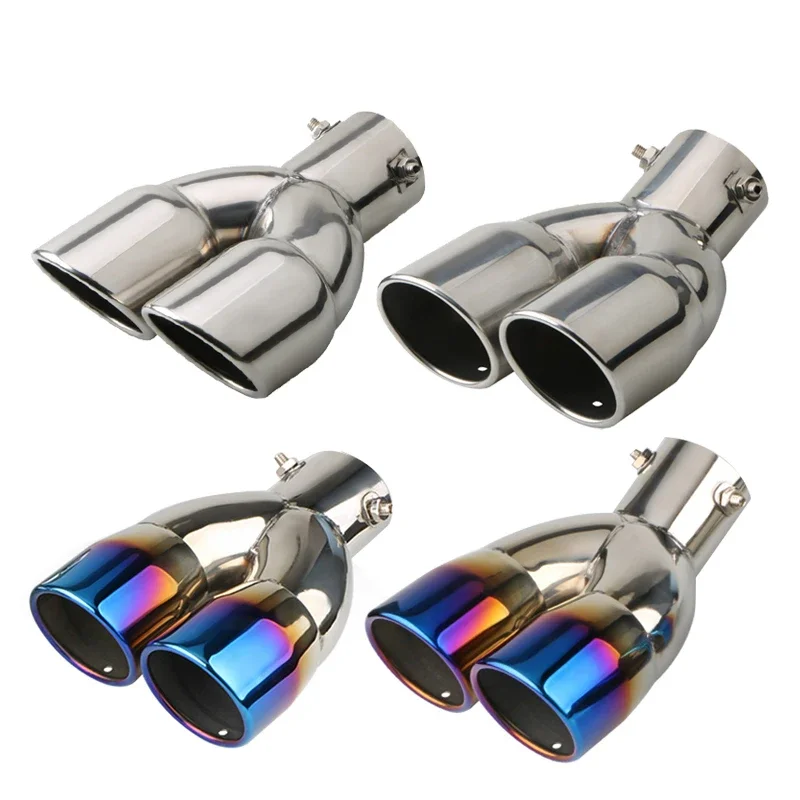 Auto general stainless steel one out two exhaust pipe tailpipe throat oblique double straight mouth modified blue silver double 