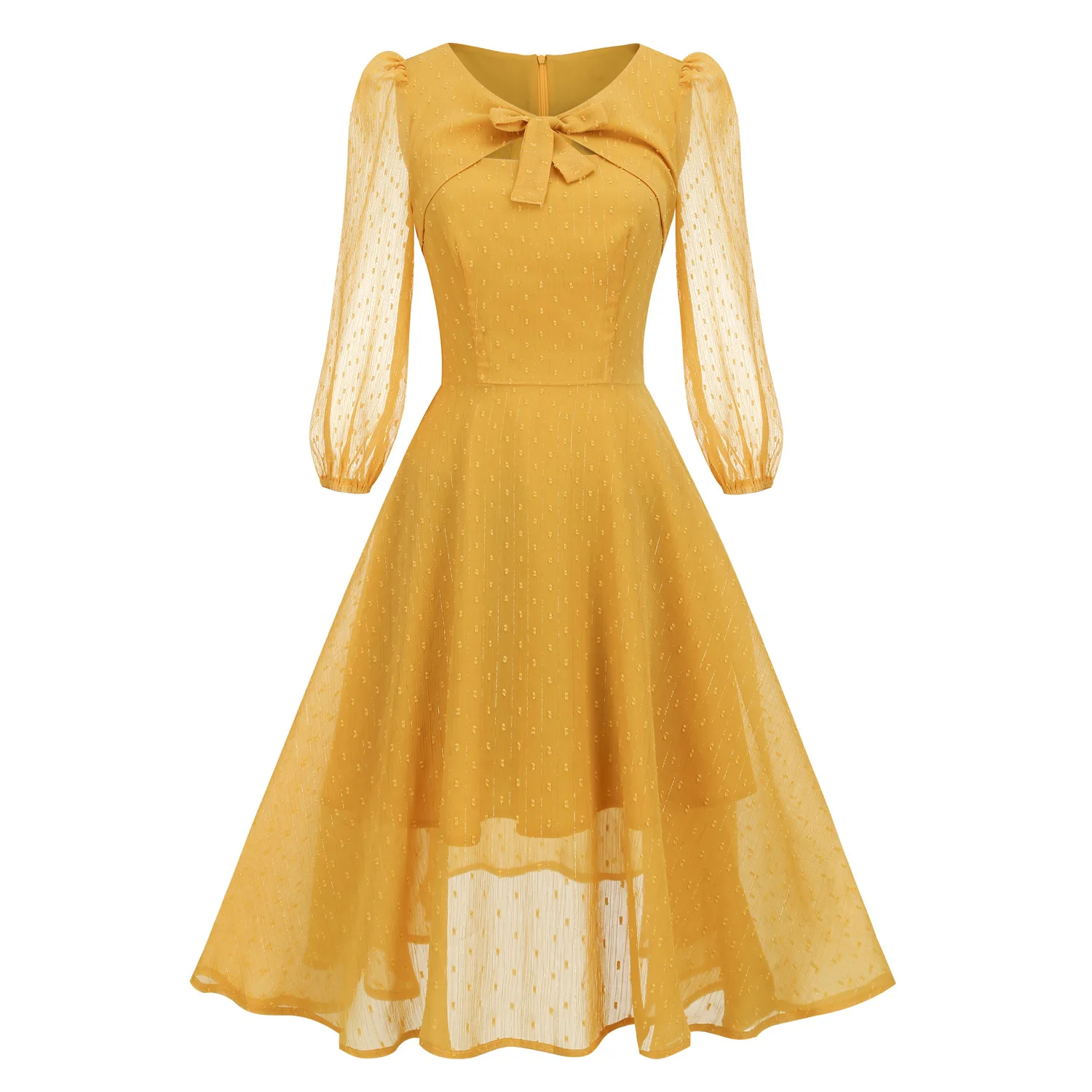-style Vintage French Romantic Cut-out Bow with Puff Sleeves and Flowing Midi Chiffon Dress